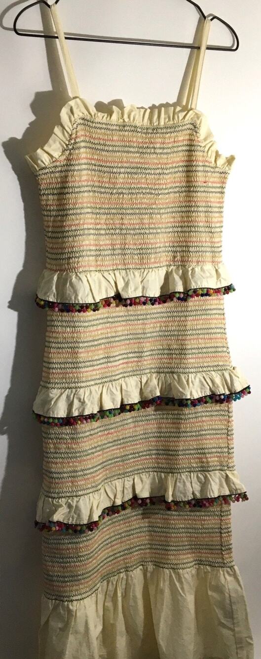 Never Fully Dressed Women's Size 8 Cream Pom Pom Rainbow Tiered Cotton Dress